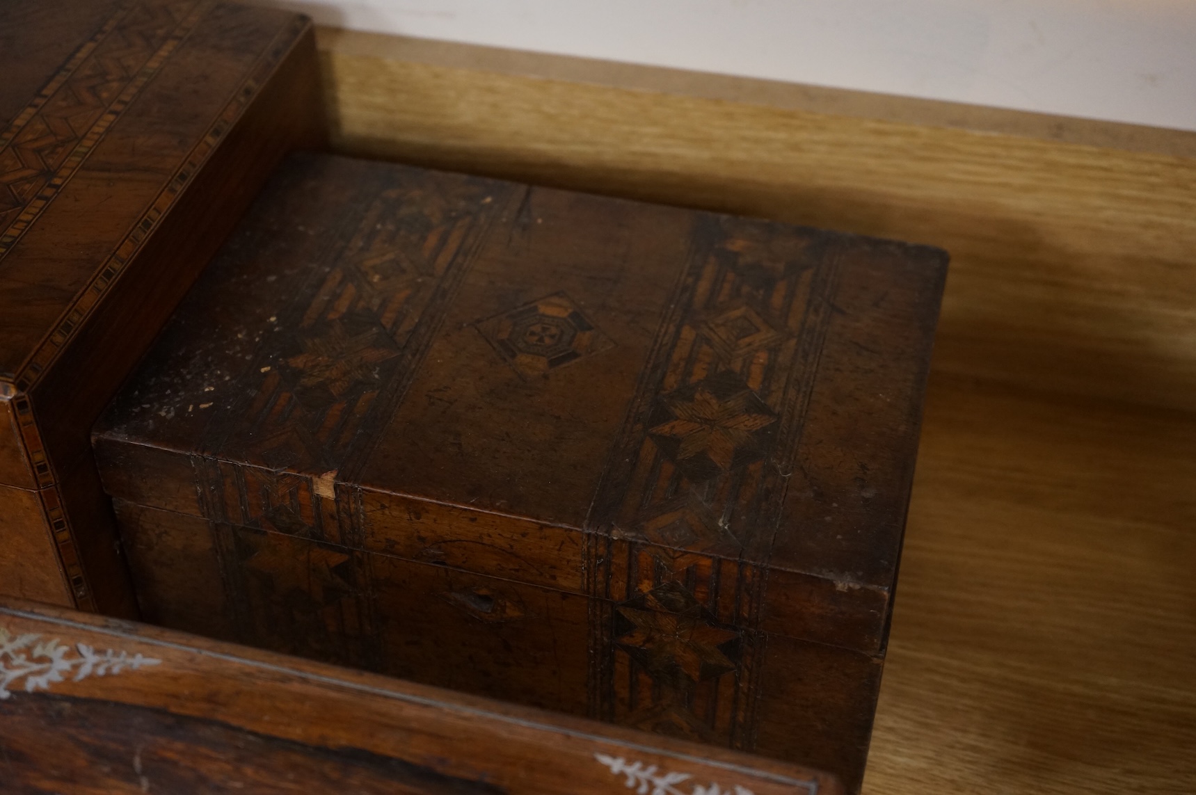 A collection of 19th and 20th century writing, stationery, tea caddies and painting boxes, largest 34.5cm wide (10)